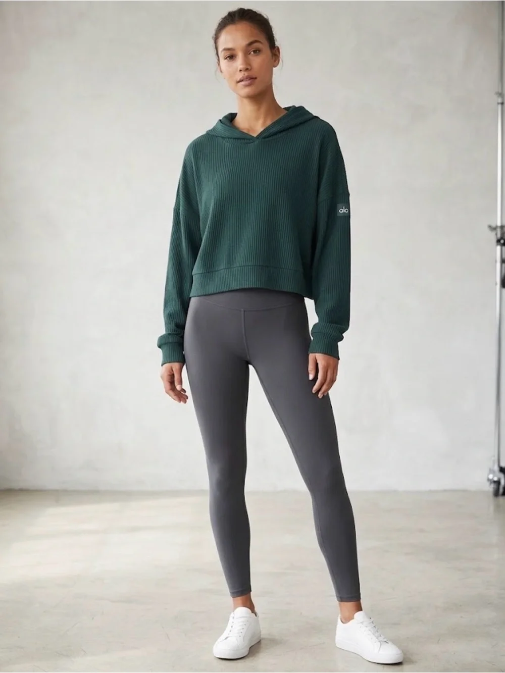 Alo Yoga Muse Ribbed Hoodie Midnight Green Soft Boxy Oversized XS